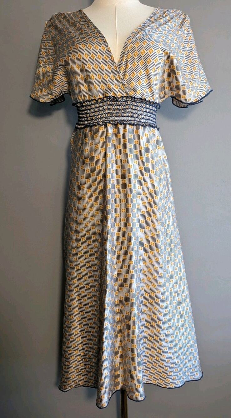 Strecth Silk Knee Length Small Dress Blue Yellow Geometric Smocked Empire Waist